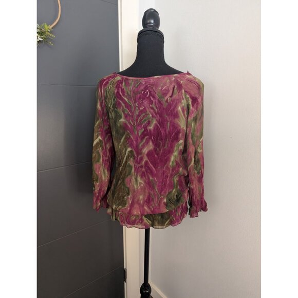 Anne Klein Pink & Green Floral 100% Silk Ruffle Front 3/4 Sleeve Blouse - PM - Picture 3 of 5